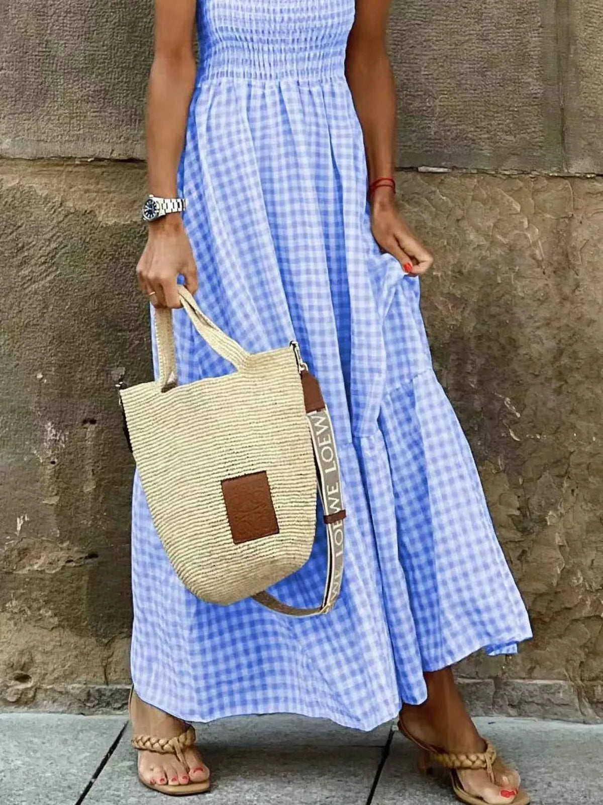 Smocked Gingham Maxi Dress with Ruffle Straps