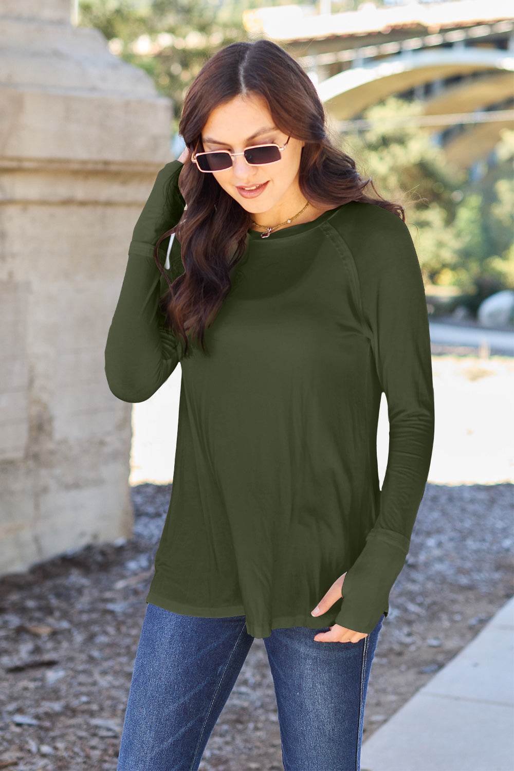 Basic Bae Full Size Round Neck Long Sleeve T-Shirt Army Green for a perfect OOTD – dress to impress outfits from Amexza