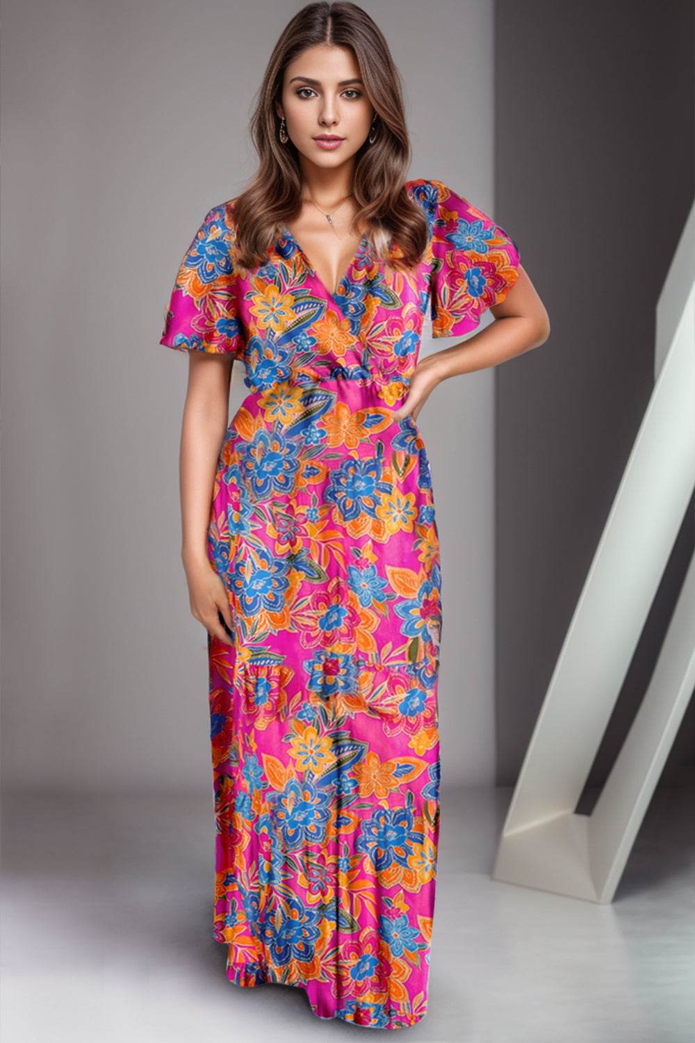 Printed Surplice Short Sleeve Maxi Dress - Amexza