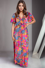 Printed Surplice Short Sleeve Maxi Dress - Amexza