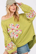 SAGE + FIG Daisy Patch Applique Long Sleeve Sweatshirt Yellow-Green for a perfect OOTD – dress to impress outfits from Amexza