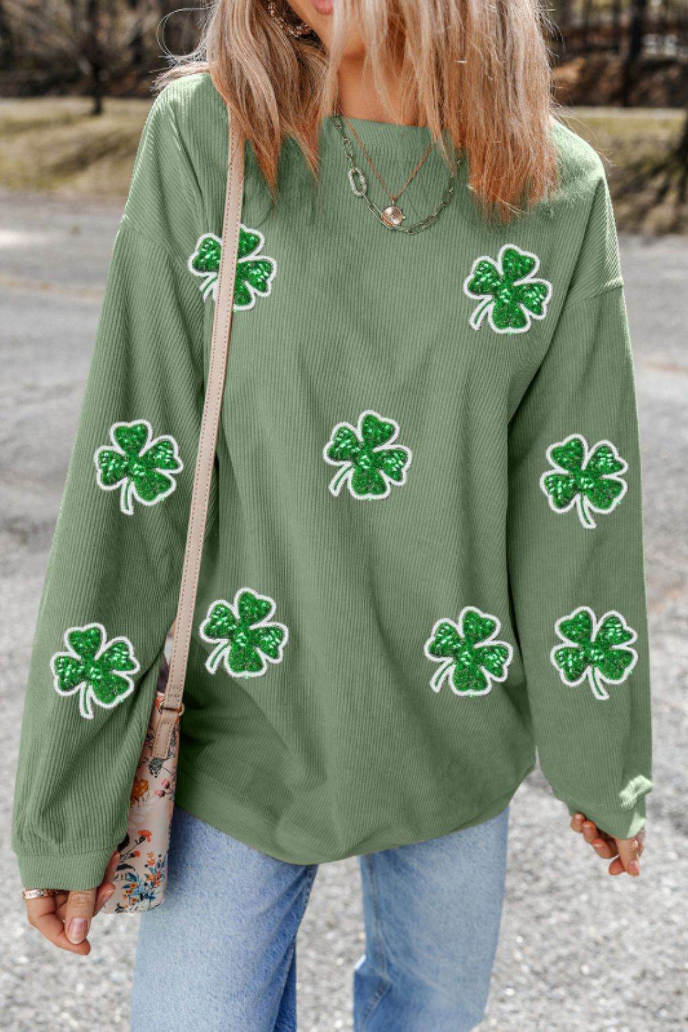 Sequin Lucky Clover Round Neck Long Sleeve Sweatshirt for a perfect OOTD – dress to impress outfits from Amexza