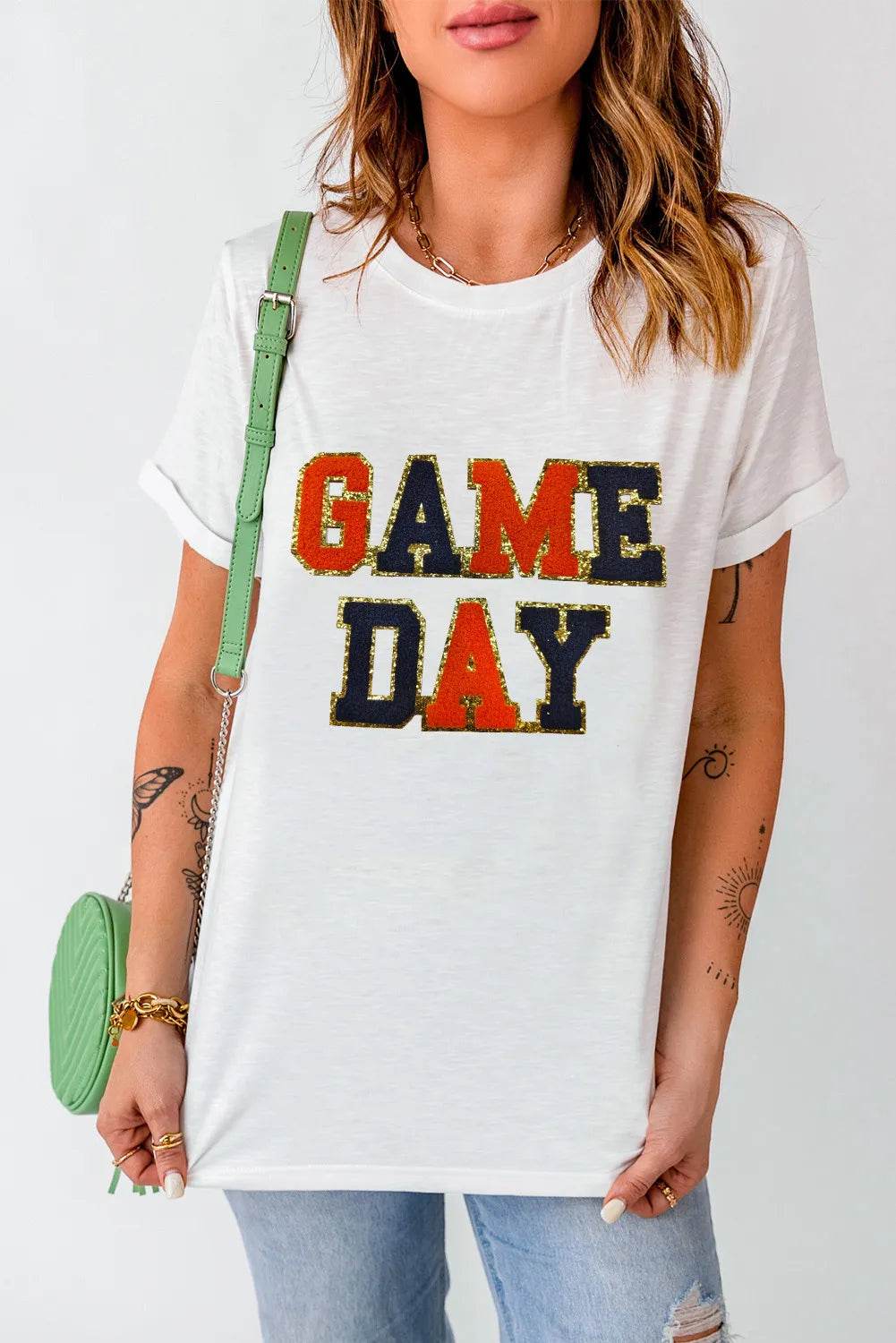 GAME DAY Round Neck Short Sleeve T-Shirt White for a perfect OOTD – dress to impress outfits from Amexza