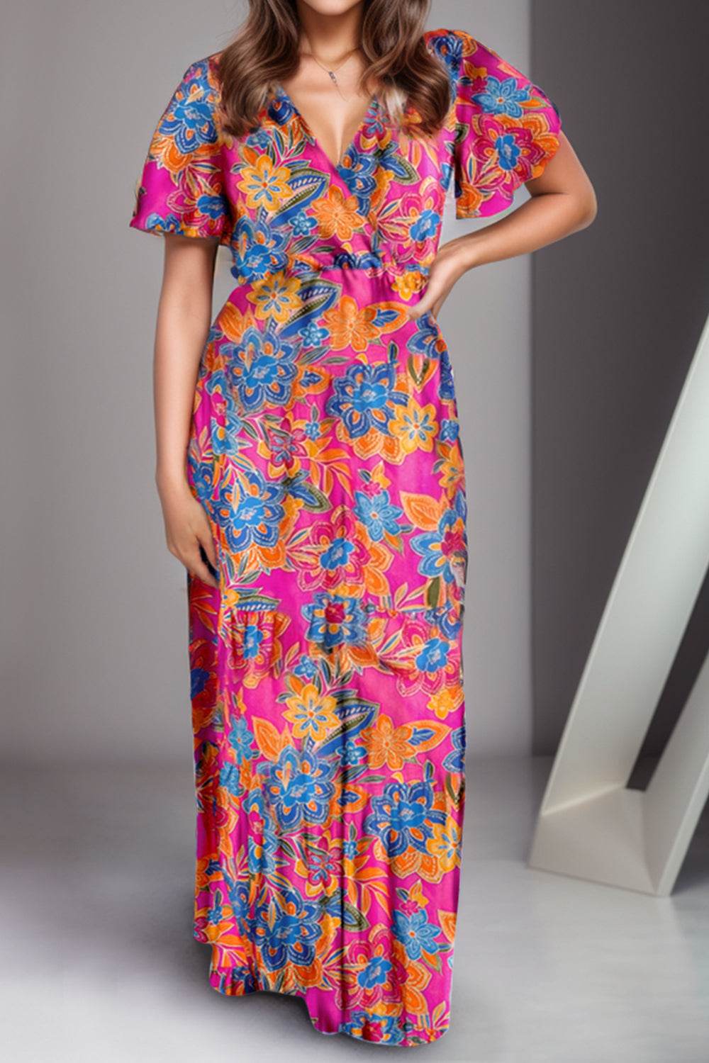 Printed Surplice Short Sleeve Maxi Dress - Amexza
