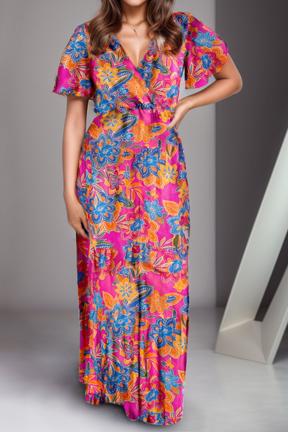 Printed Surplice Short Sleeve Maxi Dress - Multicolor / S