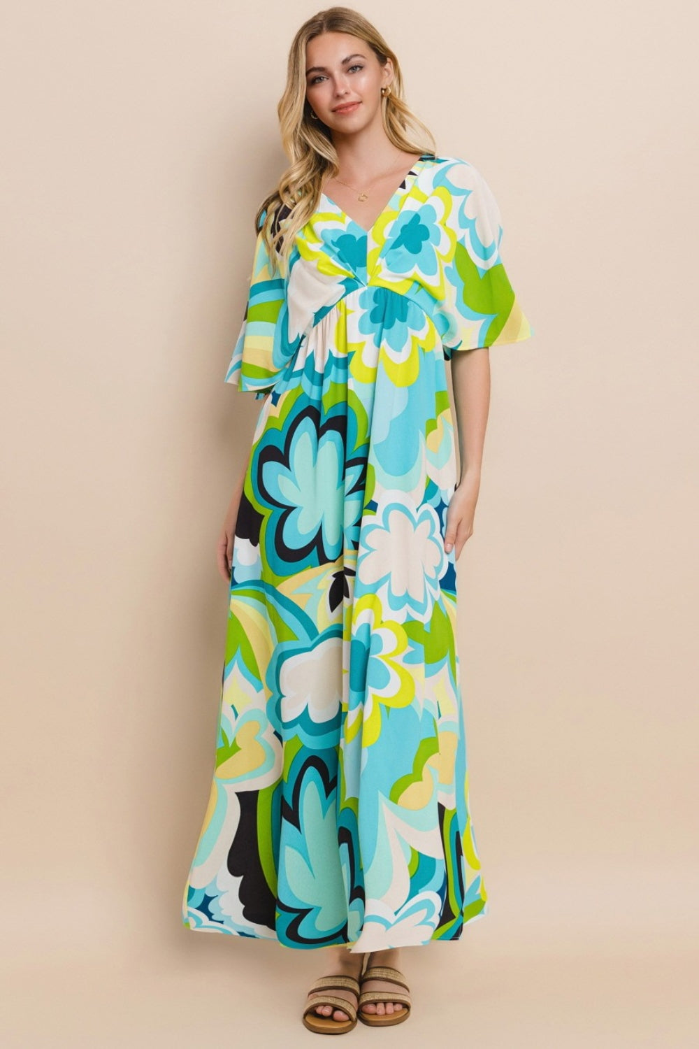 ODDI Floral Printed Slit Maxi Dress - Blue Yellow / S