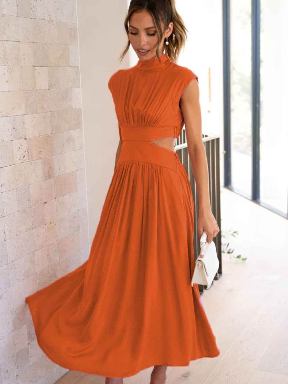 Cutout Mock Neck Sleeveless Ruched Dress Orange-Red for a perfect OOTD – dress to impress outfits from Amexza