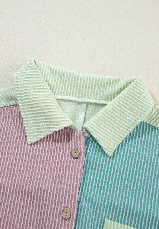 Color Block Corded Button Up Shacket - Amexza