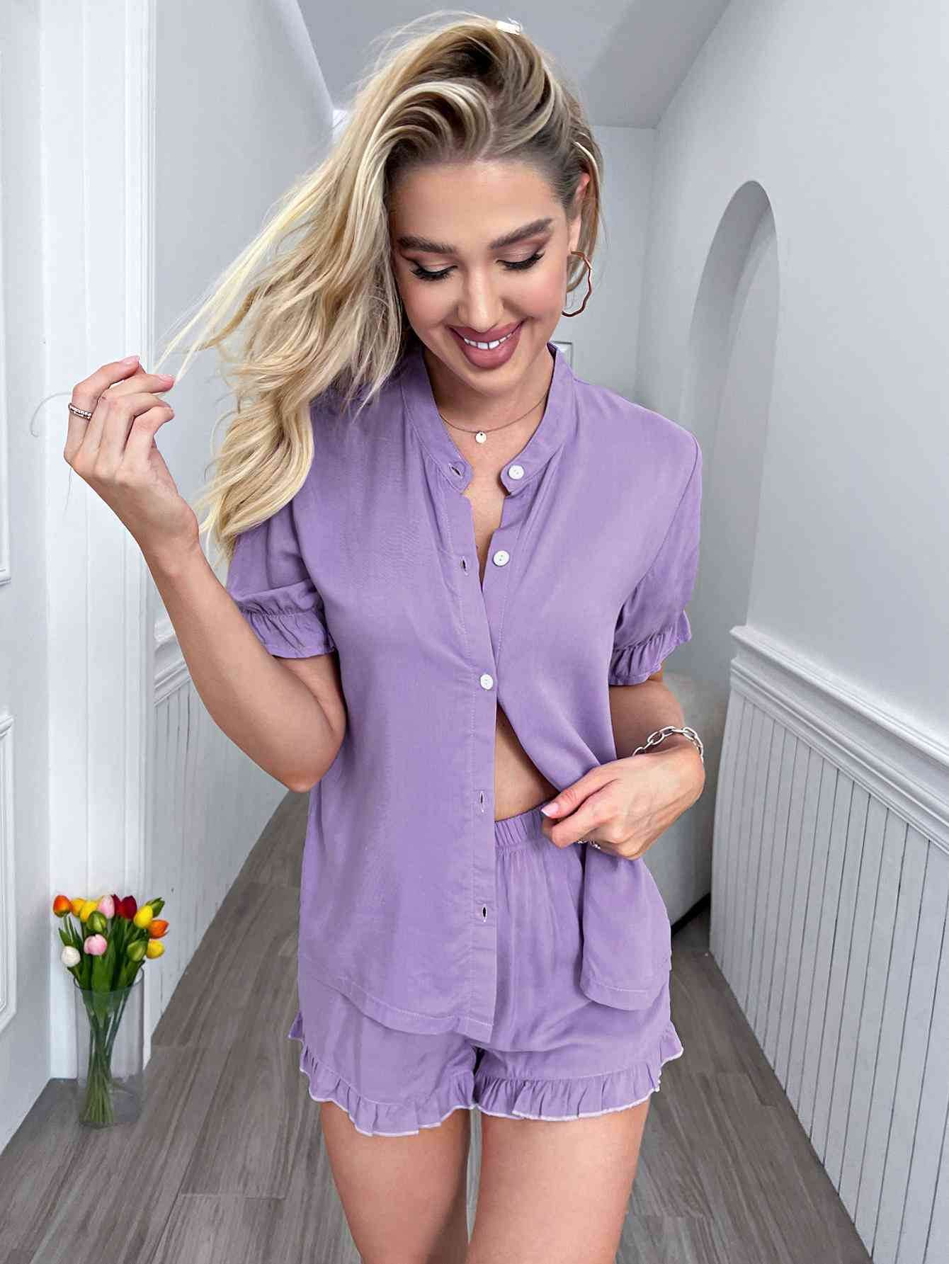 Flounce Sleeve Shirt and Frill Trim Shorts Lounge Set for a perfect OOTD – dress to impress outfits from Amexza