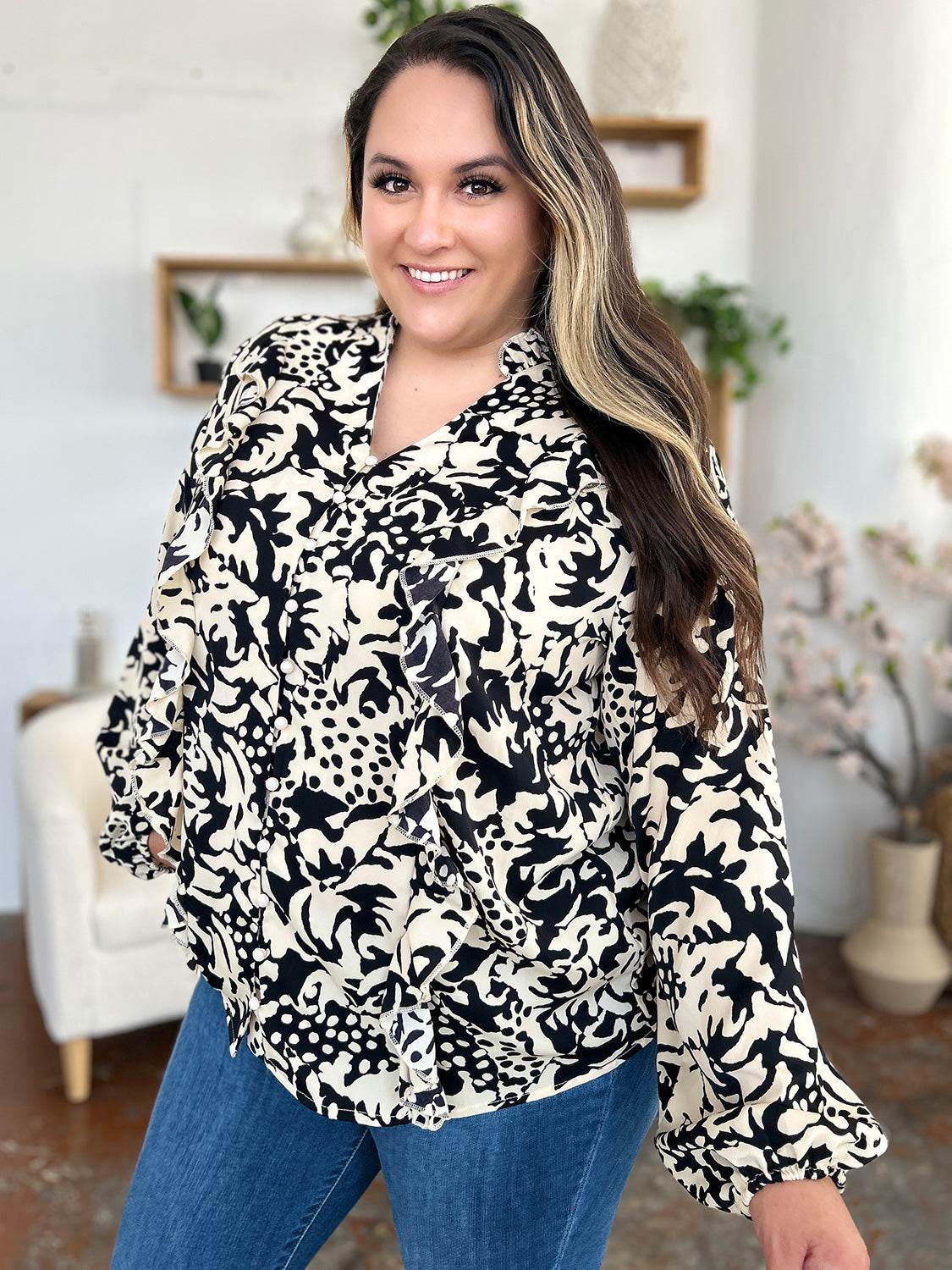 Double Take Full Size Printed Ruffle Trim Balloon Sleeve Shirt for a perfect OOTD – dress to impress outfits from Amexza