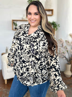 Double Take Full Size Printed Ruffle Trim Balloon Sleeve Shirt - Amexza