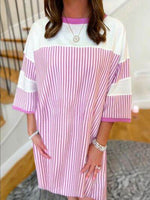 Striped Round Neck Three-Quarter Sleeve Mini Dress Pink for a perfect OOTD – dress to impress outfits from Amexza