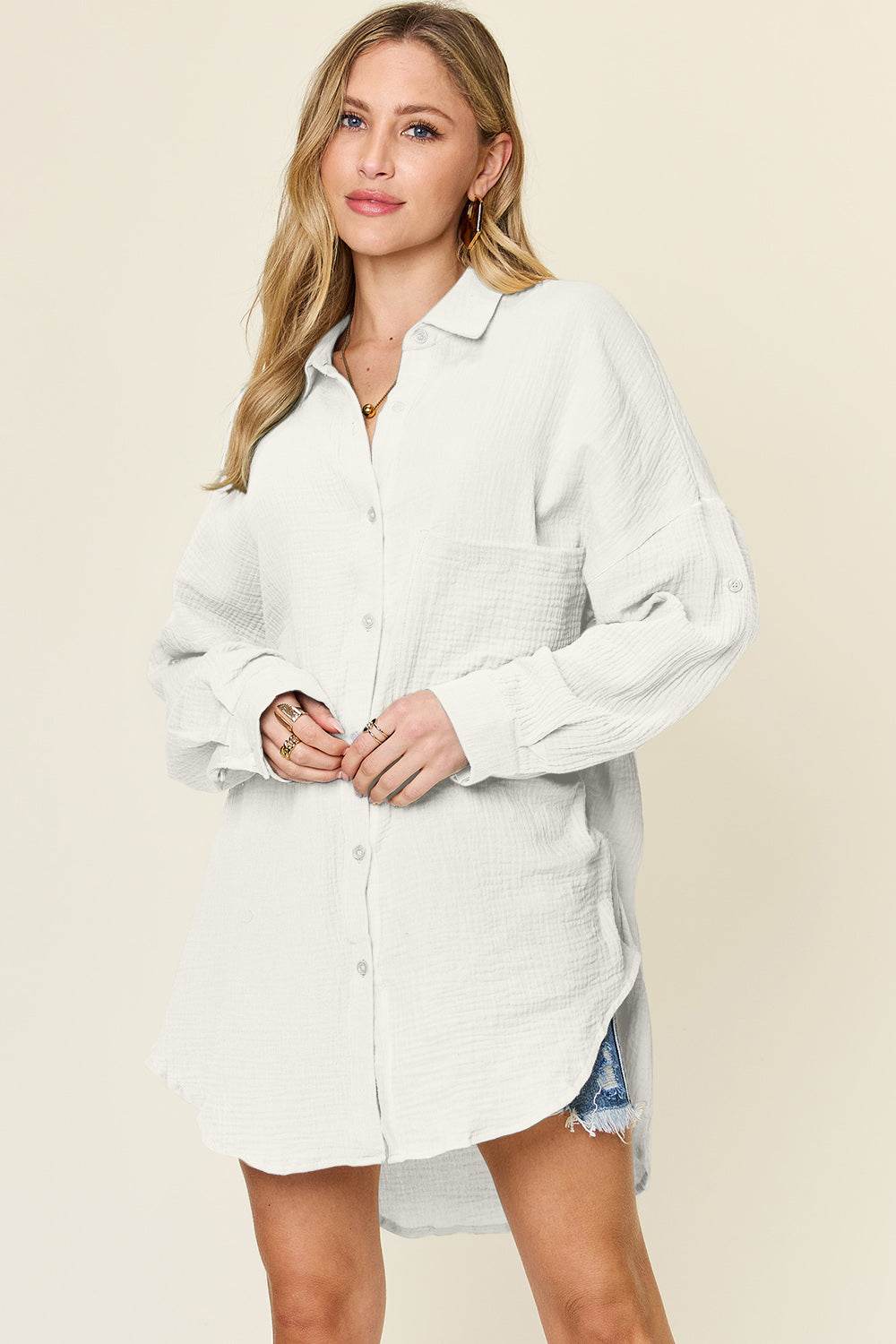 Double Take Full Size Pocketed Texture Button Up Shirt White for a perfect OOTD – dress to impress outfits from Amexza