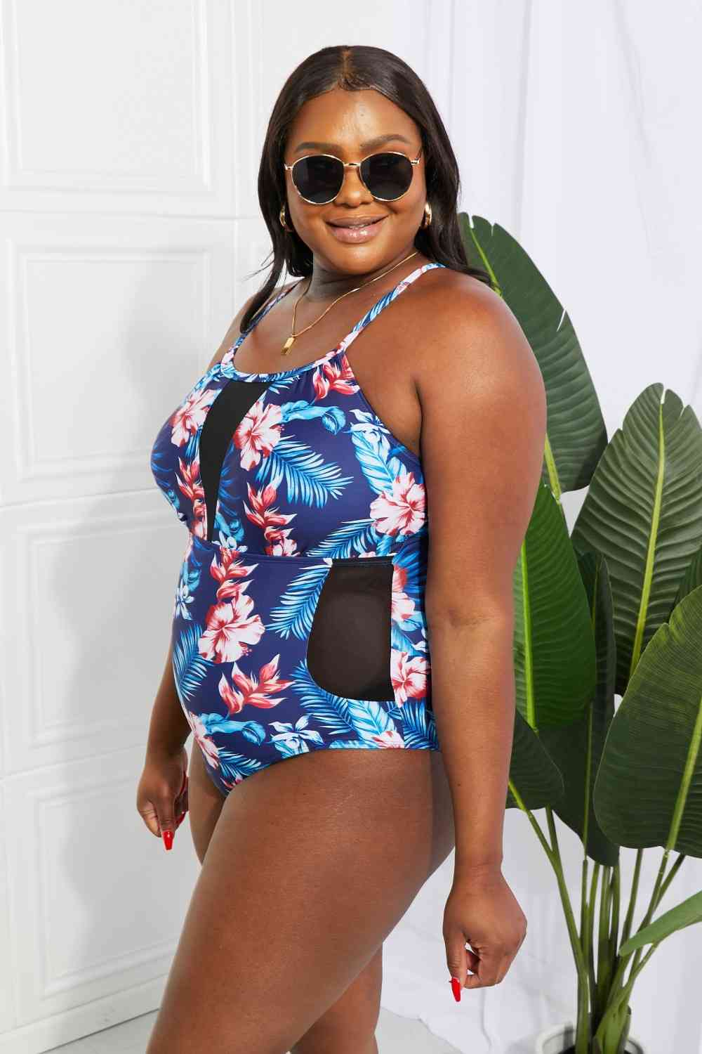 Floral Crisscross Spliced Mesh One-Piece Swimsuit for a perfect OOTD – dress to impress outfits from Amexza