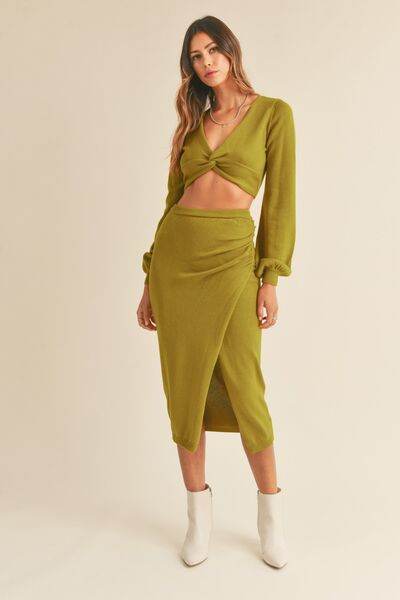 MABLE Front Twisted Knit Top and Midi Skirt Set Moss Green for a perfect OOTD – dress to impress outfits from Amexza