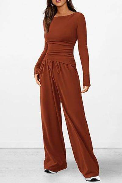 Round Neck Long Sleeve Top and Pants Set - Amexza