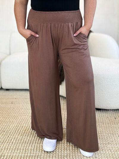 Basic Bae Full Size Smocked Wide Waistband Wide Leg Pants Mocha for a perfect OOTD – dress to impress outfits from Amexza