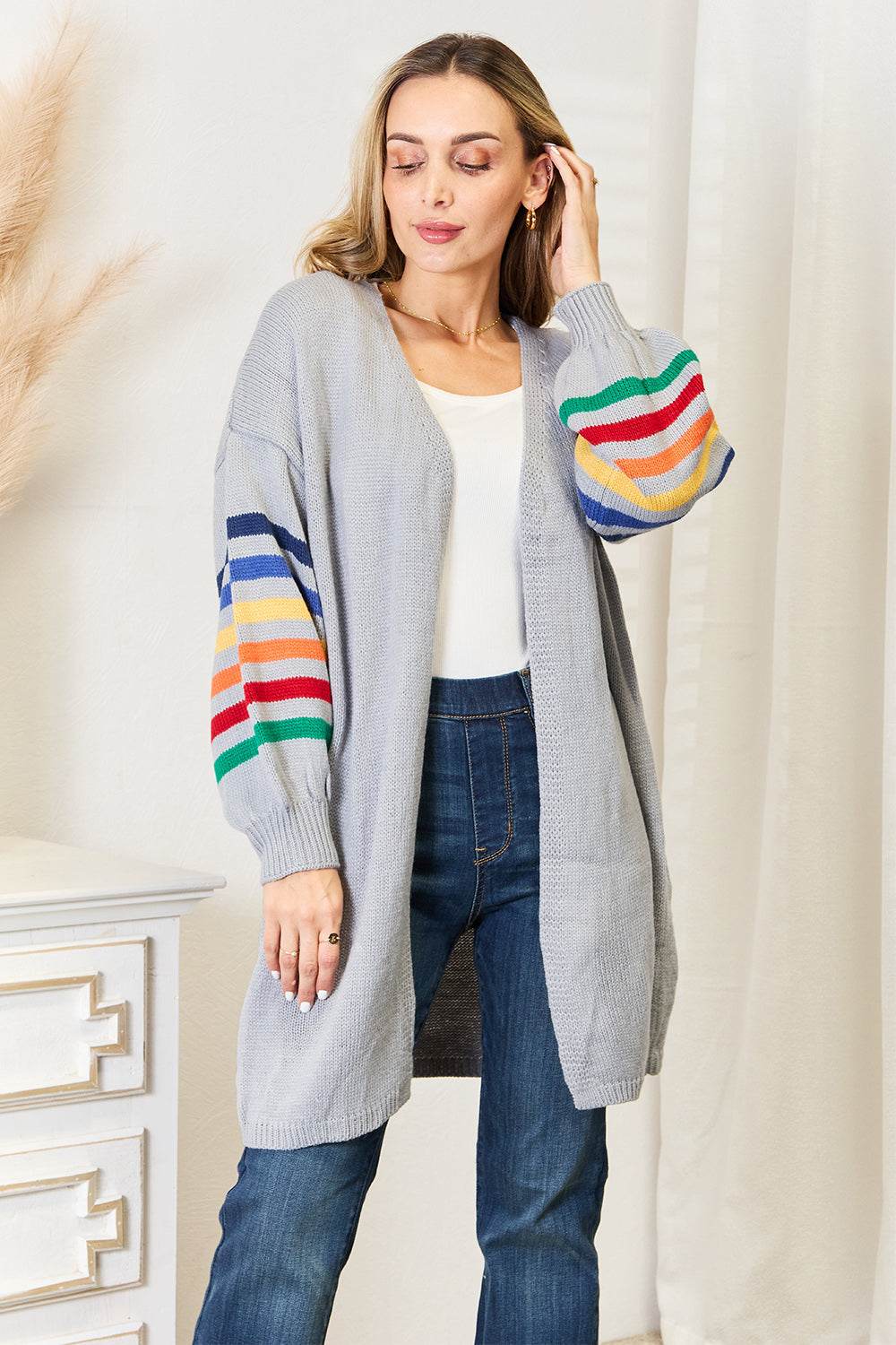 Angel Wings Multicolored Stripe Open Front Longline Cardigan Light Gray for a perfect OOTD – dress to impress outfits from Amexza