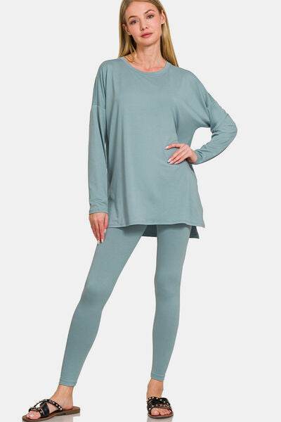 Zenana Full Size Brushed Microfiber Top and Leggings Lounge Set Blue Grey for a perfect OOTD – dress to impress outfits from Amexza