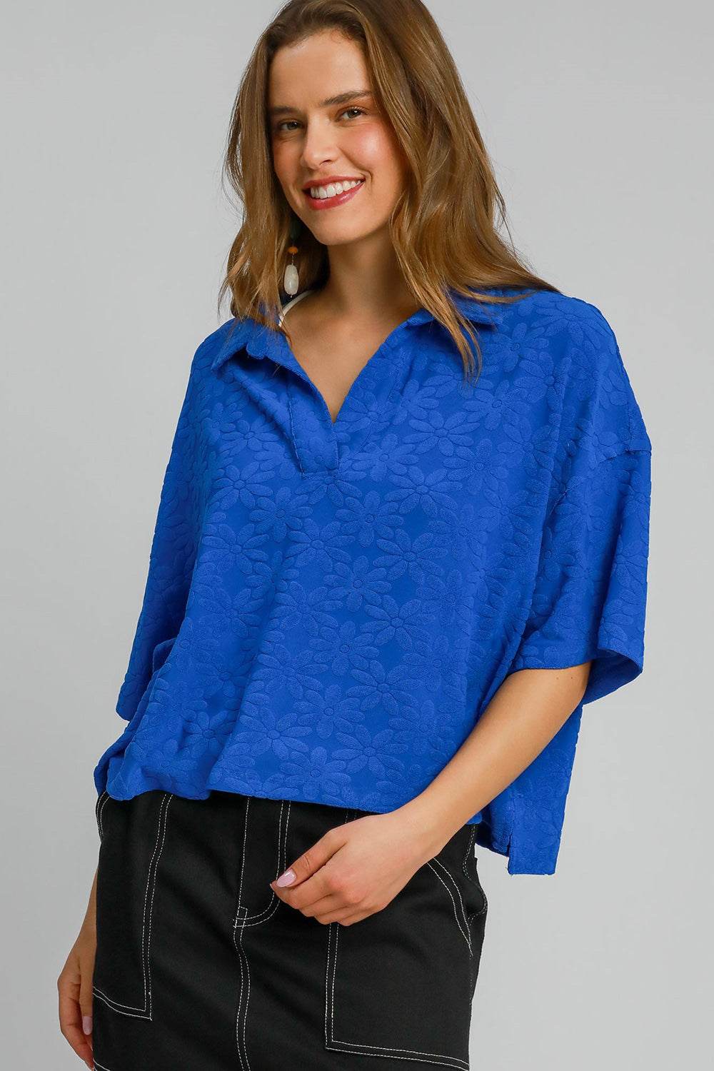 Umgee Floral Johnny Collar Half Sleeve Jacquard Top Royal Blue for a perfect OOTD – dress to impress outfits from Amexza