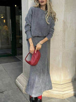 Round Neck Dropped Shoulder Top and Midi Skirt Sweater Set Dark Gray One Size for a perfect OOTD – dress to impress outfits from Amexza