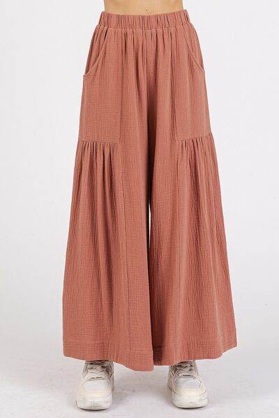 Mittoshop Gauze Elastic Waist Pleated Wide Leg Pants for a perfect OOTD – dress to impress outfits from Amexza