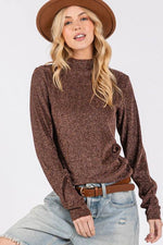 SAGE + FIG Glitter Mock Neck Lettuce Hem Long Sleeve Top - Amexza