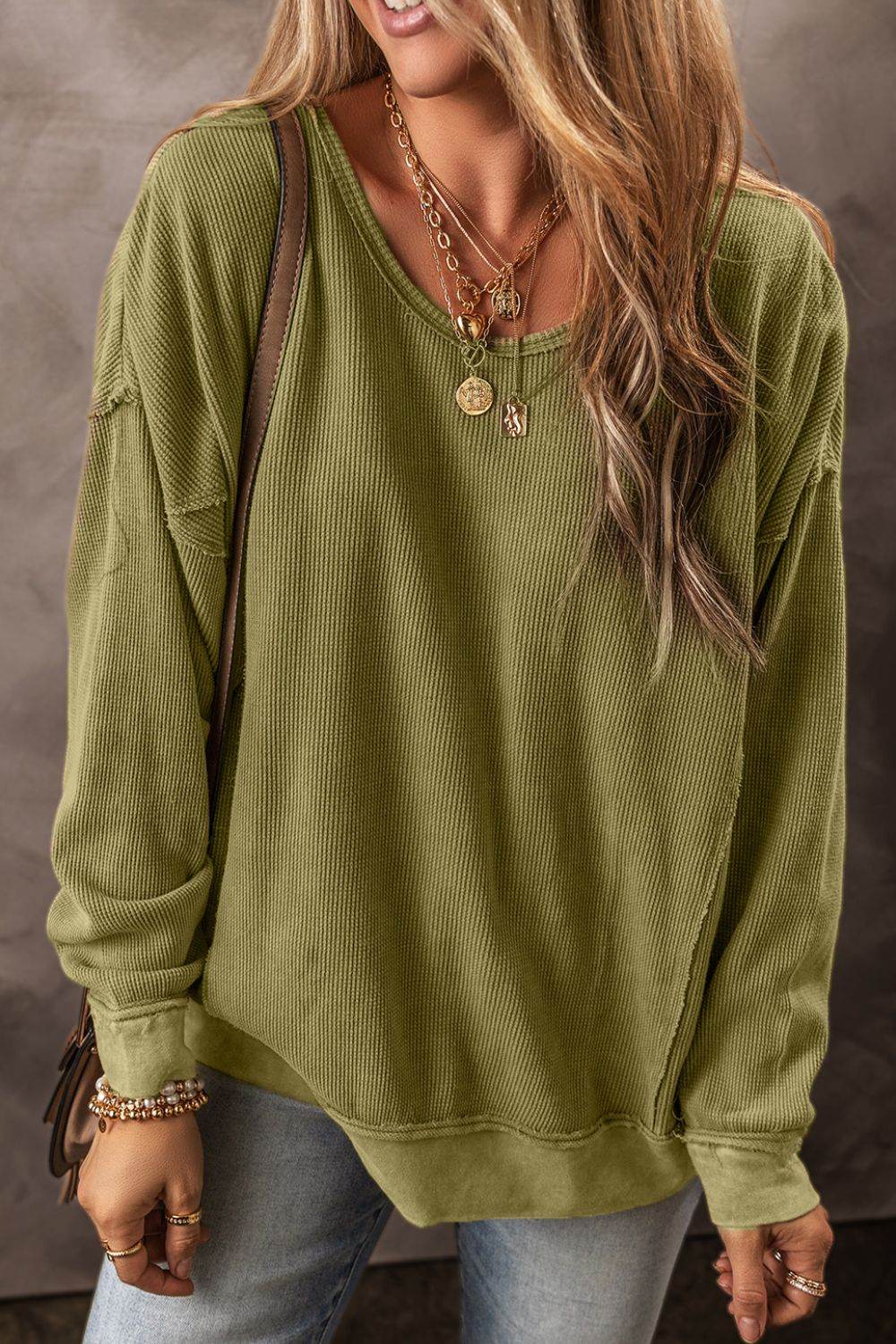 Textured Round Neck Long Sleeve Sweatshirt - Amexza