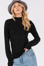 SAGE + FIG Glitter Mock Neck Lettuce Hem Long Sleeve Top - Amexza