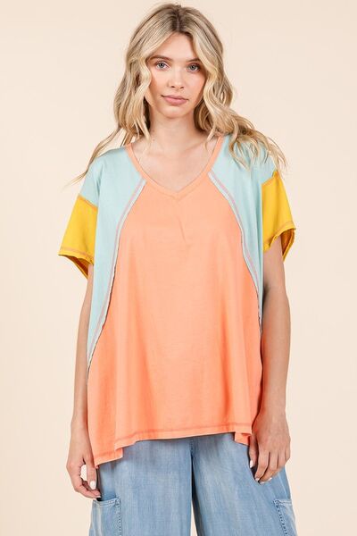 Mittoshop Color Block V-Neck Short Sleeve T-Shirt for a perfect OOTD – dress to impress outfits from Amexza