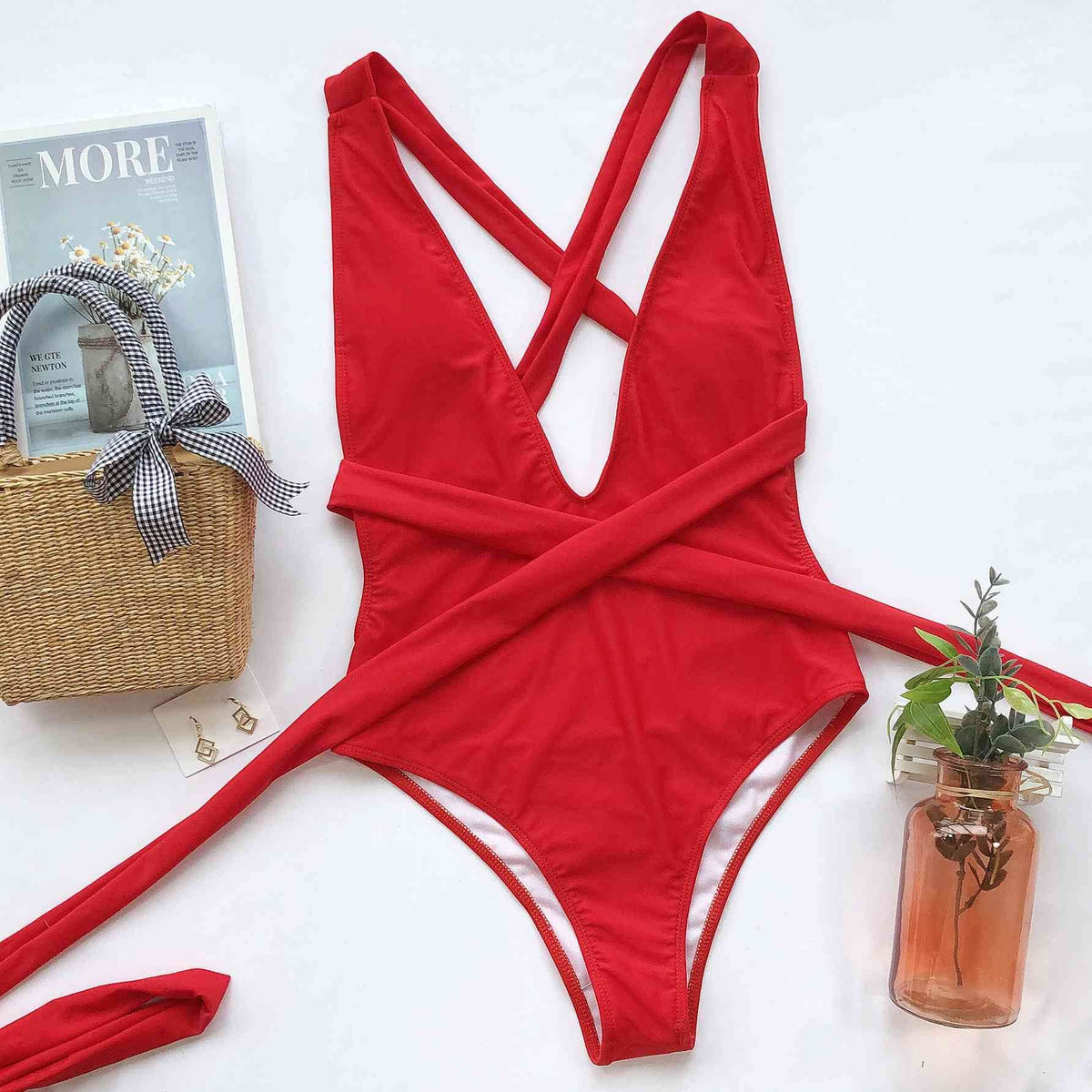 Halter Neck Deep V Tied One-Piece Swimsuit for a perfect OOTD – dress to impress outfits from Amexza