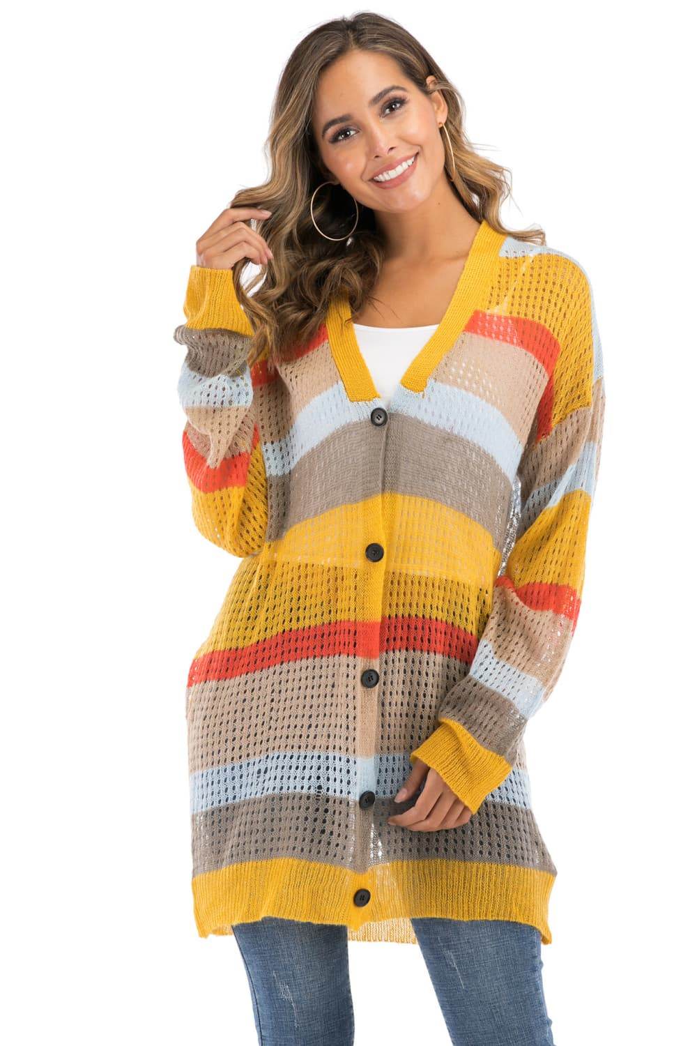 Color Block Openwork Long Sleeve Cardigan for a perfect OOTD – dress to impress outfits from Amexza