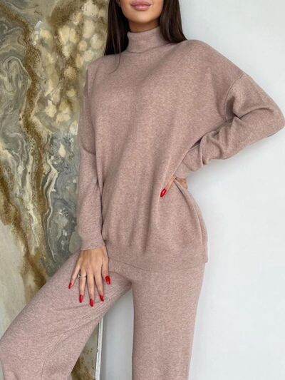 Turtleneck Long Sleeve Top and Drawstring Pants Sweater Set Taupe One Size for a perfect OOTD – dress to impress outfits from Amexza