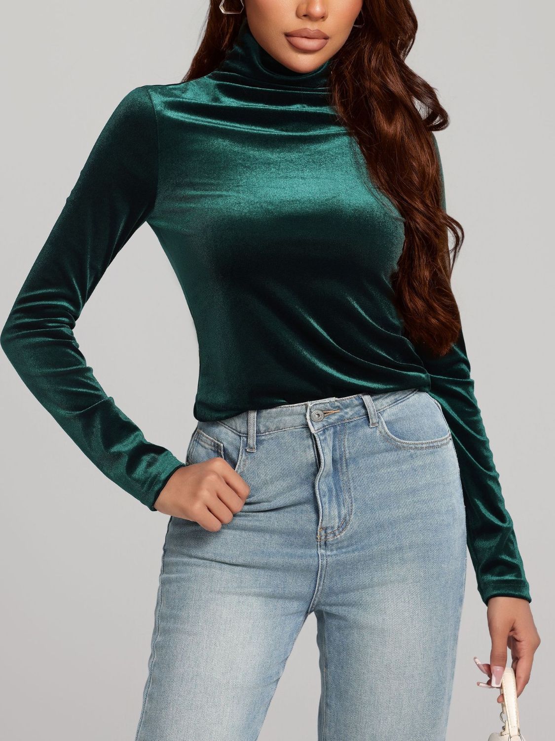 Solid Color Turtleneck Long Sleeve Top Deep Teal for a perfect OOTD – dress to impress outfits from Amexza