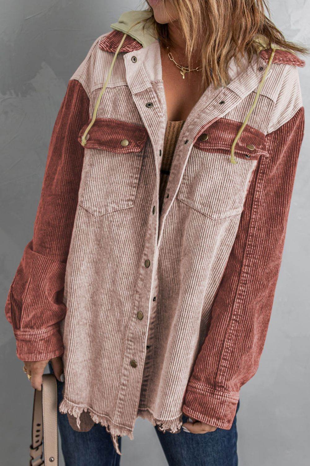 Raw Hem Snap Down Drawstring Hooded Jacket Dusty Pink for a perfect OOTD – dress to impress outfits from Amexza