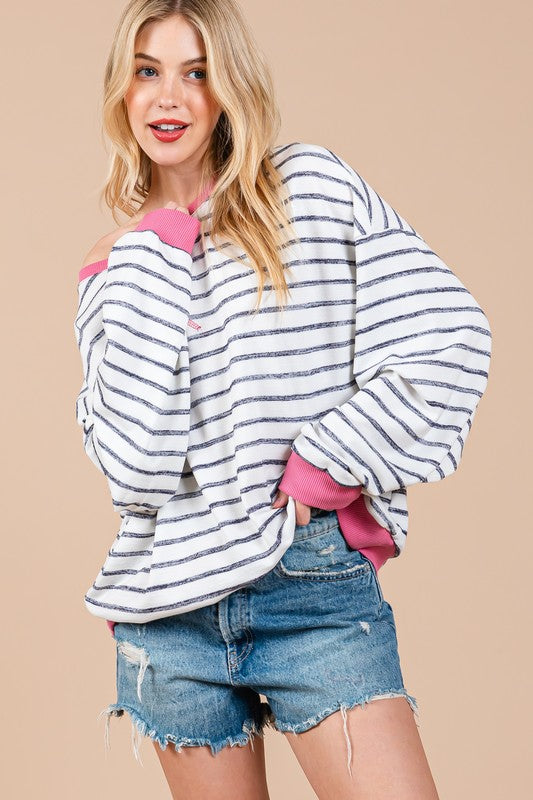 Ces Femme Striped Round Neck Drop Shoulder Sweatshirt Black for a perfect OOTD – dress to impress outfits from Amexza