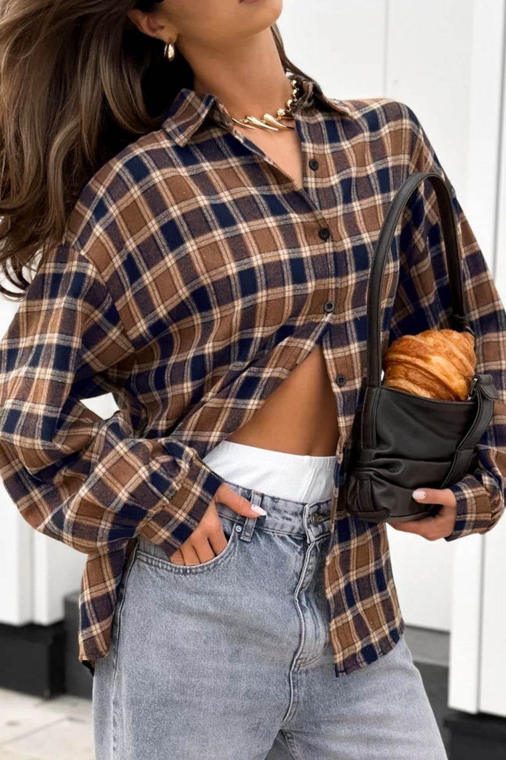 Plaid Button Up Drop Shoulder Shacket for a perfect OOTD – dress to impress outfits from Amexza