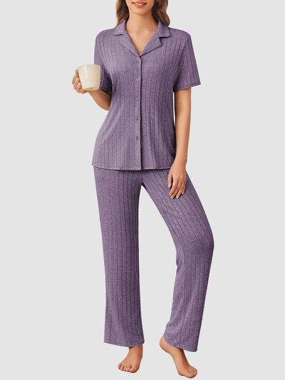 Button Down Long Sleeve Top and Pants Lounge Set - Amexza