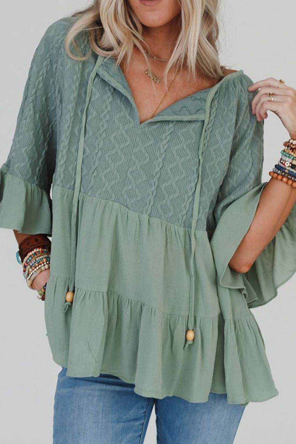 Ruffled Tie Neck Three-Quarter Sleeve Blouse Sage for a perfect OOTD – dress to impress outfits from Amexza