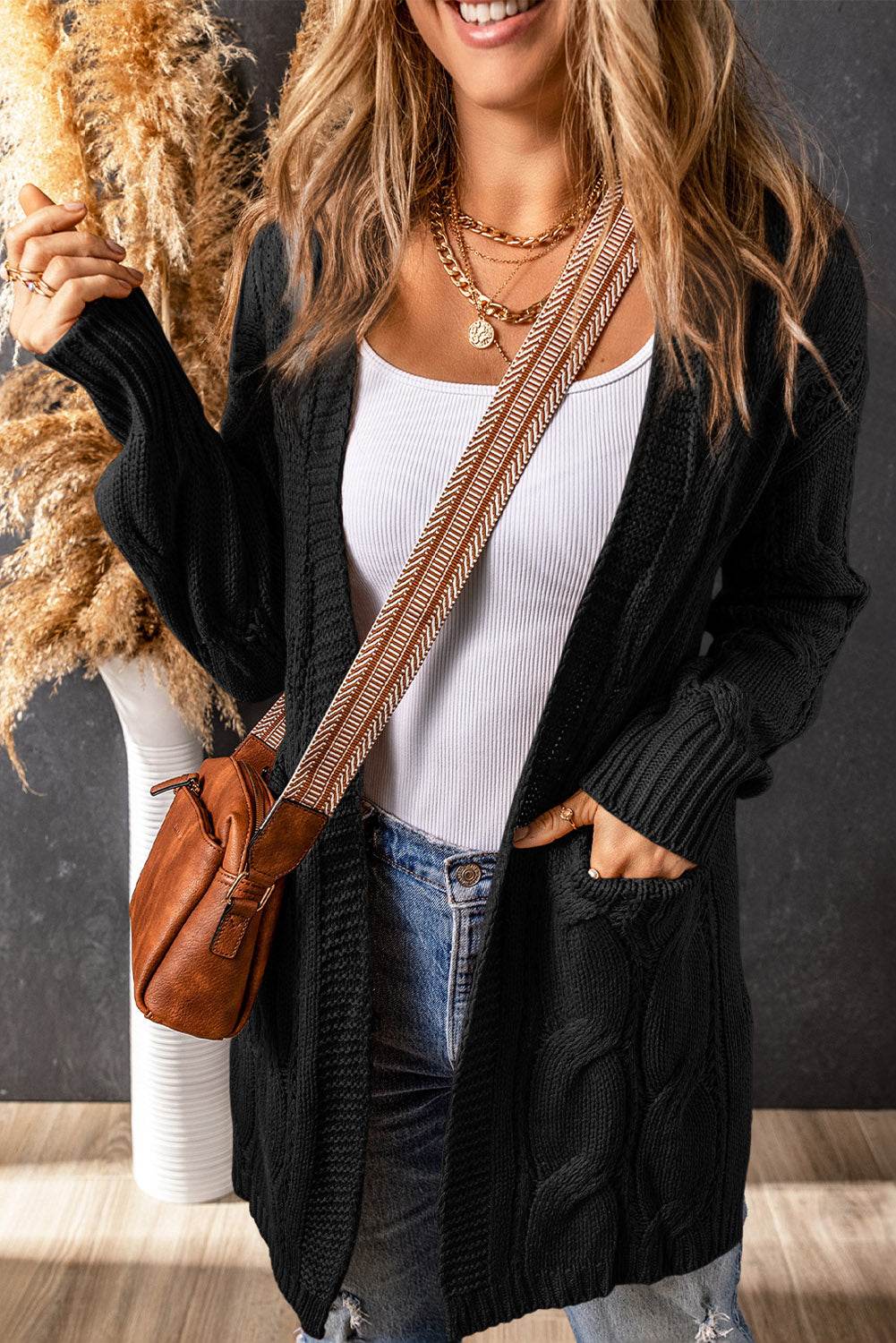 Cable-Knit Dropped Shoulder Slit Cardigan for a perfect OOTD – dress to impress outfits from Amexza