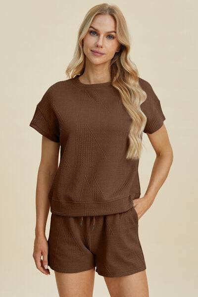 Double Take Full Size Texture Short Sleeve Top and Shorts Set for a perfect OOTD – dress to impress outfits from Amexza