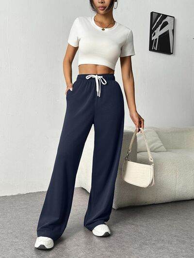 Drawstring Wide Leg Pants with Pockets Navy for a perfect OOTD – dress to impress outfits from Amexza