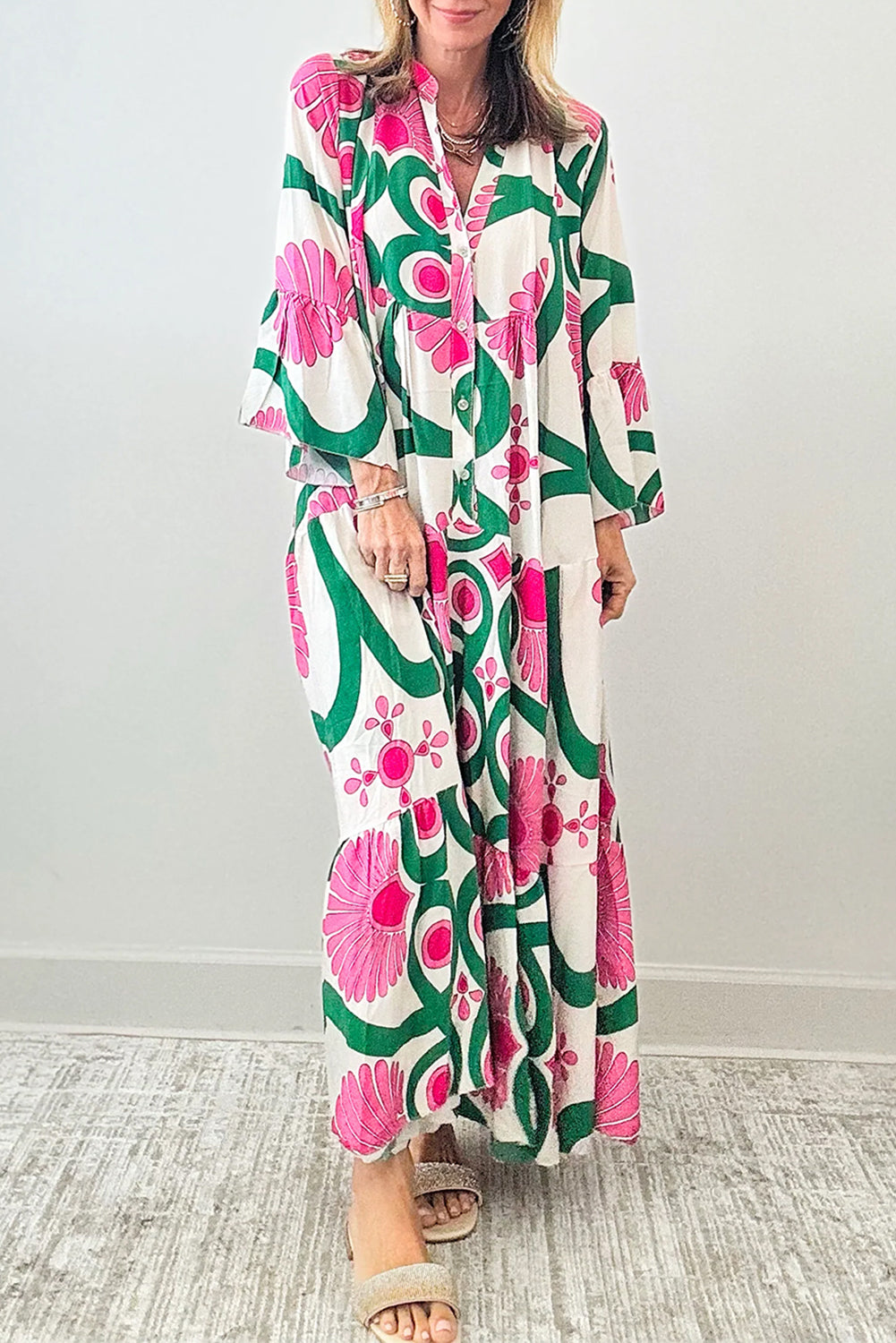 Printed Notched Long Sleeve Maxi Dress - Pink / S