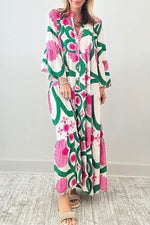 Printed Notched Long Sleeve Maxi Dress - Amexza