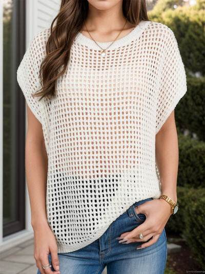 Openwork Round Neck Short Sleeve Cover-Up Cream for a perfect OOTD – dress to impress outfits from Amexza