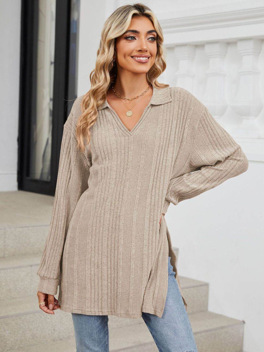 Slit Johnny Collar Long Sleeve T-Shirt for a perfect OOTD – dress to impress outfits from Amexza