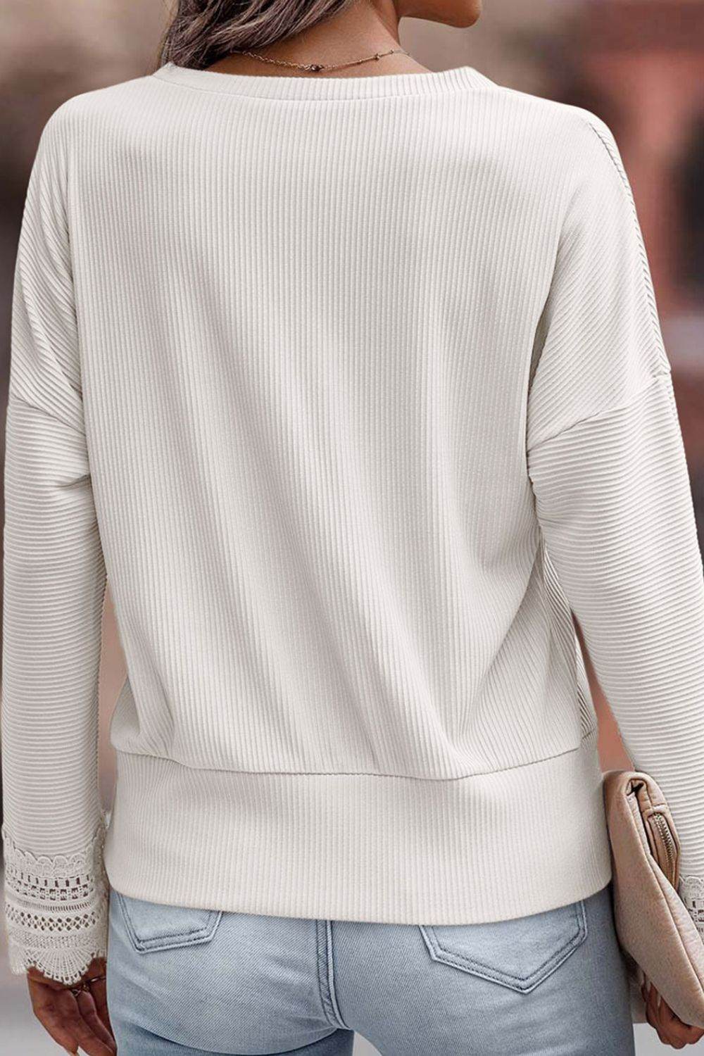 Lace Detail V-Neck Long Sleeve T-Shirt - Amexza