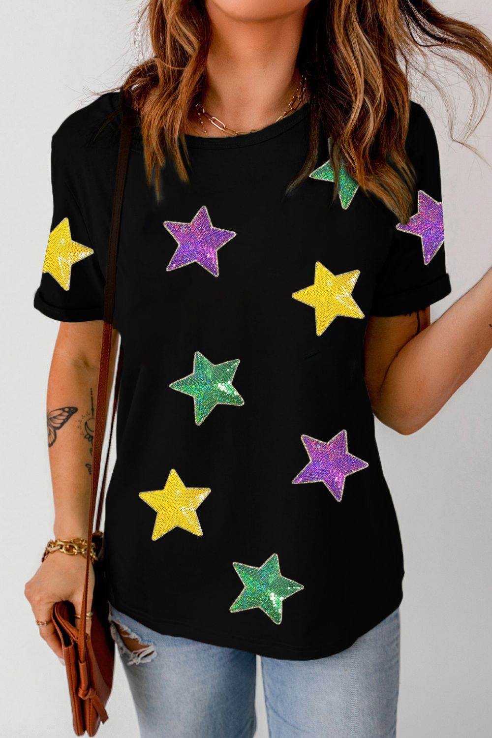 Sequin Stars Patched Round Neck T-Shirt for a perfect OOTD – dress to impress outfits from Amexza