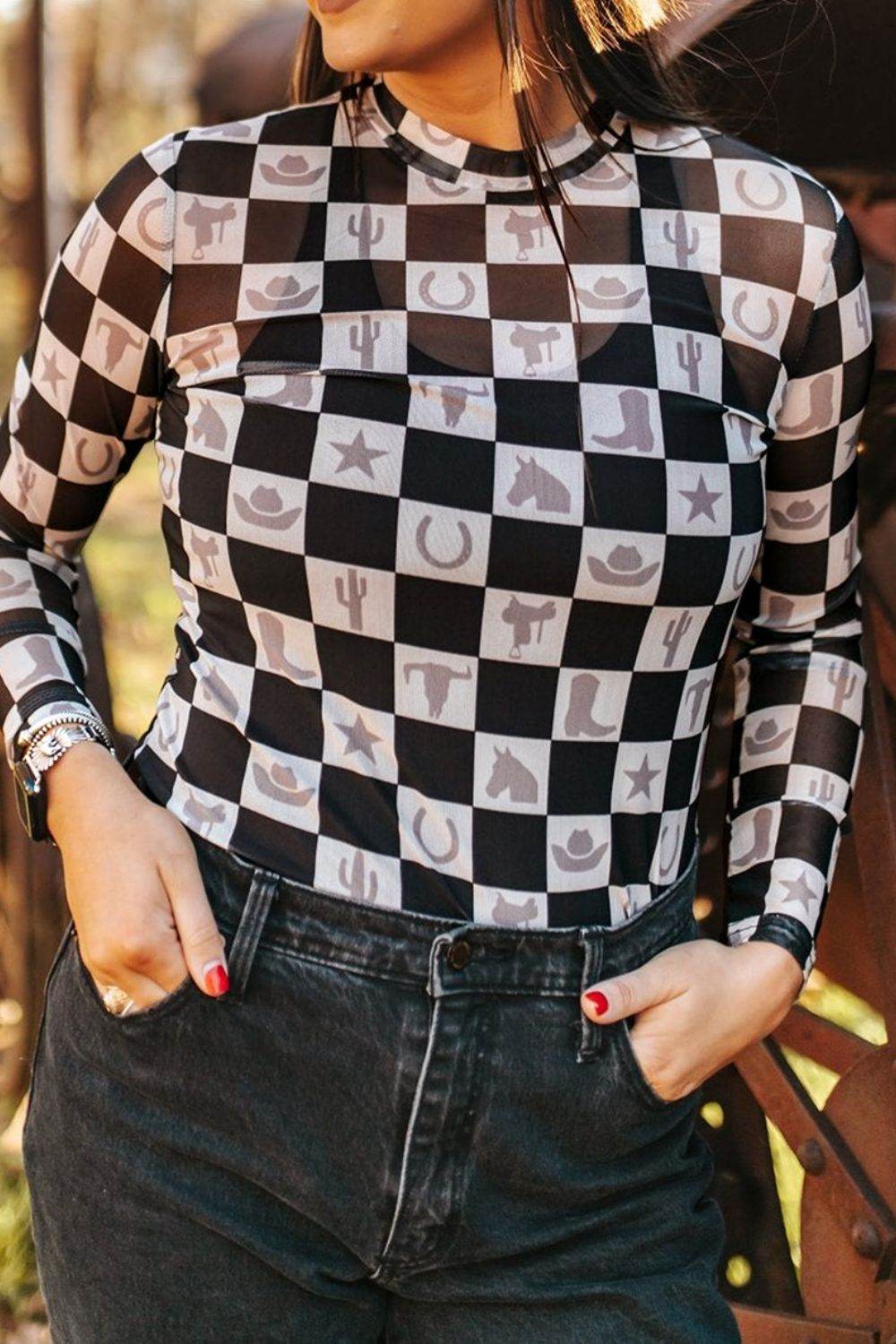 Checkered Mock Neck Long Sleeve Top Black for a perfect OOTD – dress to impress outfits from Amexza