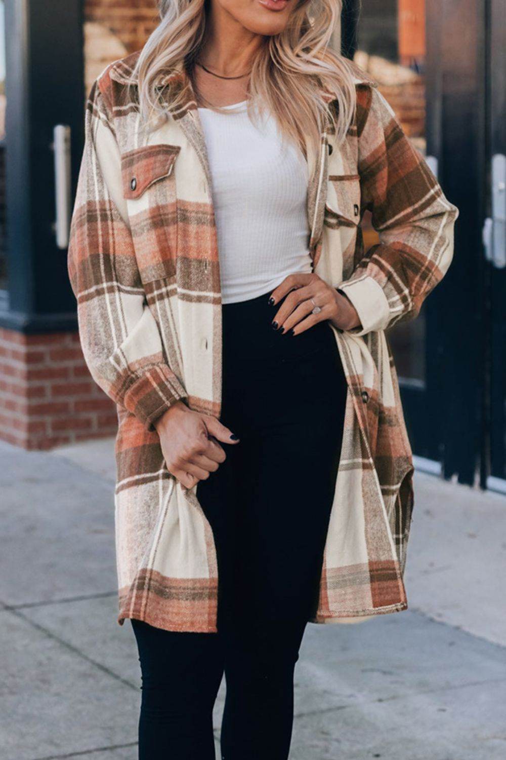 Pocketed Plaid Collared Neck Shacket for a perfect OOTD – dress to impress outfits from Amexza